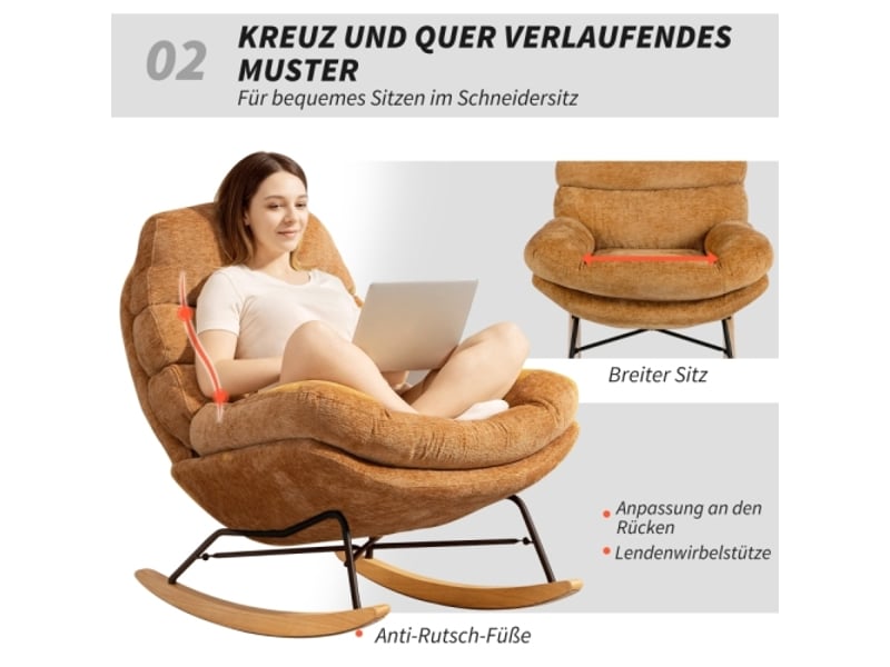  Fauteuil à bascule rembourré jaune avec pieds en acier et patins en bois  - Conforama B