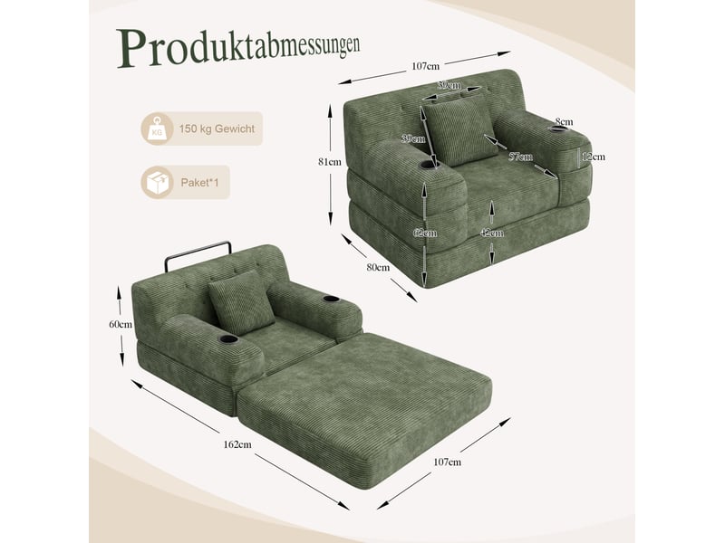  Canapé convertible 1 place 107x80x81 cm – vert – dossier haut, 4 poches et 2 porte-gobelets  - Conforama C