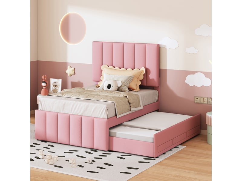  Lit capitonné 90 x 200 cm avec lit gigogne et tiroirs de rangement, lin doux, rose, sans matelas  - Conforama D