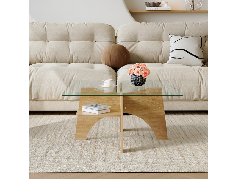  Table basse carrée ulevr avec rangement, 80 x 80 x 40 cm, verre trempé et mdf plaqué bois clair, transparent et bois  - Conforama D