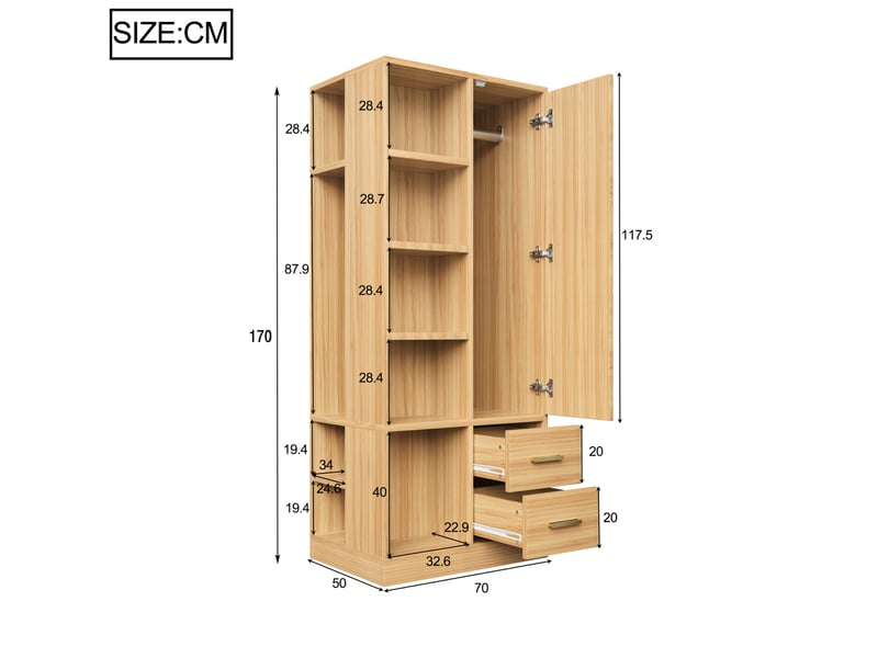Armoire 1 porte avec 2 tiroirs et étagères ouvertes, 2 tringles pour chambre en bois clair 70 × 50 × 170 cm - Conforama C