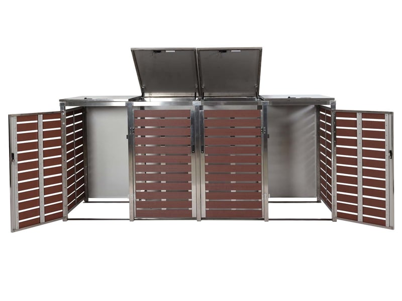 Abri pour 4 poubelles cache-poubelles extérieur 120 x 264 x 85 cm wpc et acier inoxydable aspect bois noyer 04_0007561 - Conforama D