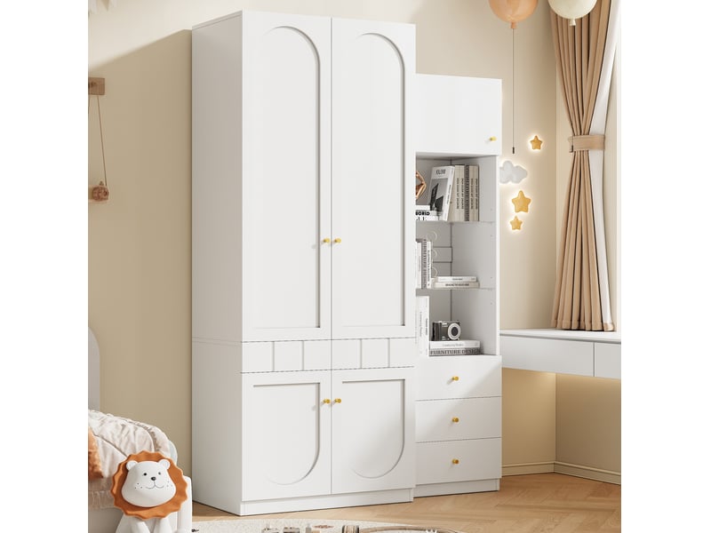 Armoire avec vitrine et penderie avec 2 portes, étagères et tiroirs pour chambre en mdf blanc laqué  - Conforama B