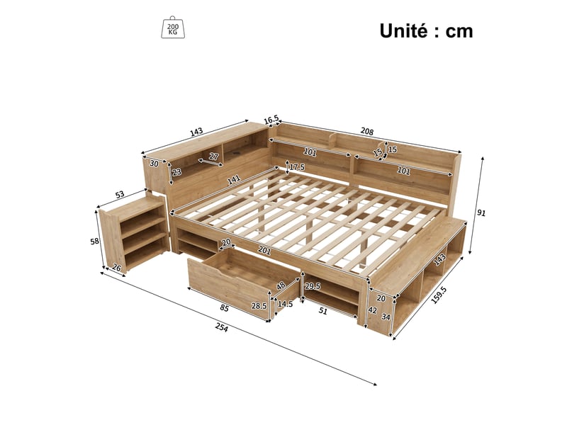  Lit enfant 140x200 cm - lit simple en bois avec rangement, tiroirs et table de chevet - naturel - sans matelas  - Conforama C