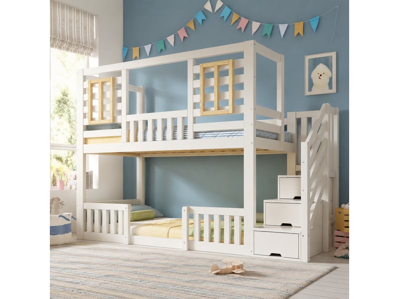  Lit superposé enfant 2 couchages 90x200 cm avec escalier de rangement, blanc  - Conforama B