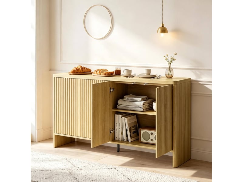  Buffet bas 4 portes avec étagères réglables et ouverture par pression pour salon en mdf chêne 147 × 40 × 77 cm  - Conforama B