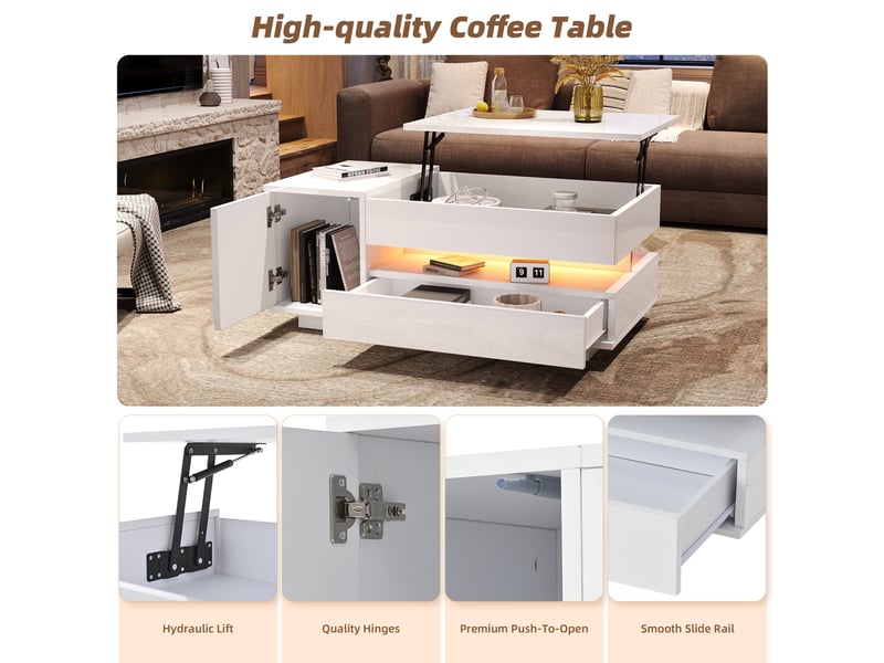  Table basse relevable avec 1 tiroir, 1 placard et led pour salon 90×50×34,5 cm en blanc  - Conforama C