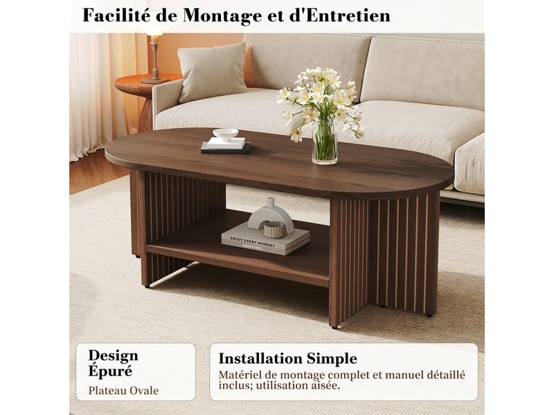  Table basse ovale de salon en mdf avec étagère 100x49x35 cm - design moderne rainuré  - Conforama E