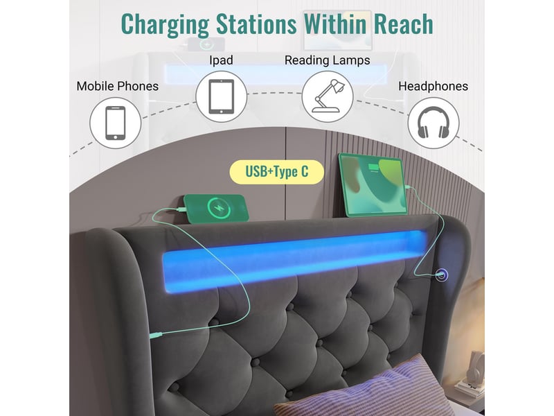  Lit capitonné,90x200 cm,avec led usb c,tête rangement coffre,velours,gris,matelas inclus  - Conforama E