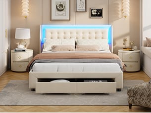 Lit coffre 160x200 cm avec tête de lit - leds rgb - velours beige - sommier à lattes - rangement hydraulique et tiroirs