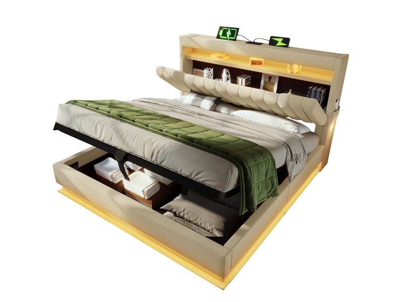  Lit double 160 x 200 cm beige en lin avec matelas, rangement hydraulique, led et ports usbtype-c  - Conforama A