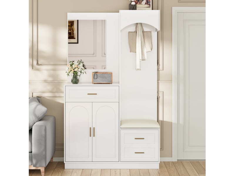  Meubles d'entrée avec miroir, penderie dissimulée et banc à chaussures, 110 × 33 × 185,5 cm  - Conforama C