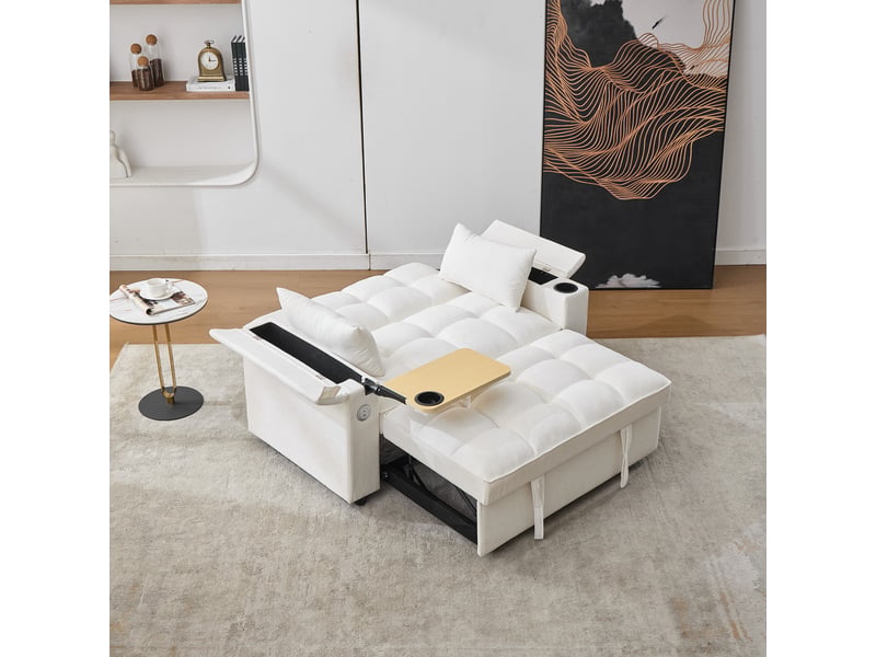  Canapé convertible 3 en 1, canapé 2 places beige en tissu, lit d'appoint avec dossier réglable et ports usb pour salon et chambre.  - Conforama E