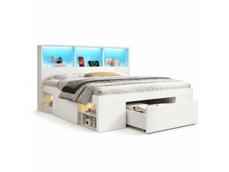  Lit 140x190 cm avec rangement et 2 chevets mobiles, lit double en bois avec tiroir, led, usb-c et étagères de tête de lit - blanc (sans matelas)  - Conforama A