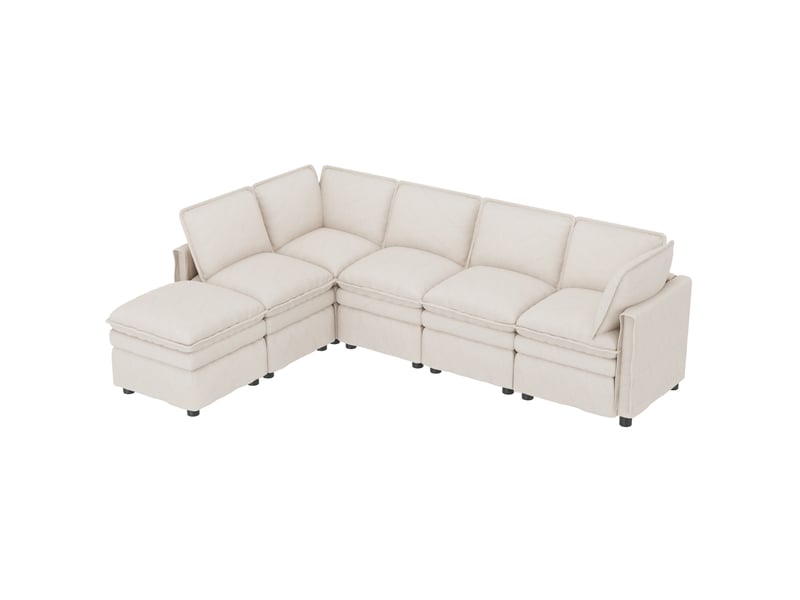  Canapé convertible modulable 6 places en chenille beige avec pouf mobile  - Conforama A