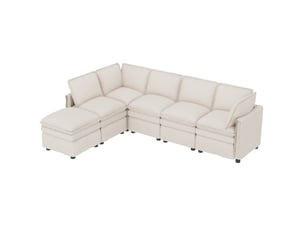 Canapé convertible modulable 6 places en chenille beige avec pouf mobile