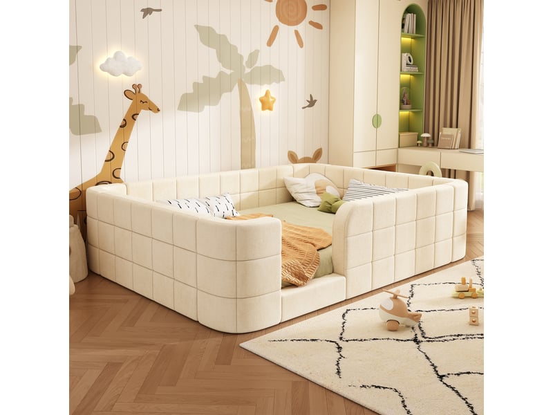 Lit enfant bas 140x200 cm, en tissu chenille rembourré, avec contour rembourré et entrée, avec sommier à lattes inclus, matelas non inclus, beige Luxe haut de gamme - Conforama D