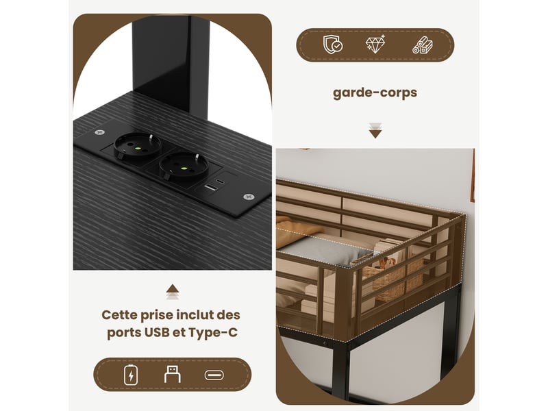  Lit superposé 90x200 cm en métal, bureau, prises usb et type-c, 3 étagères, certifié en747, noir  - Conforama E