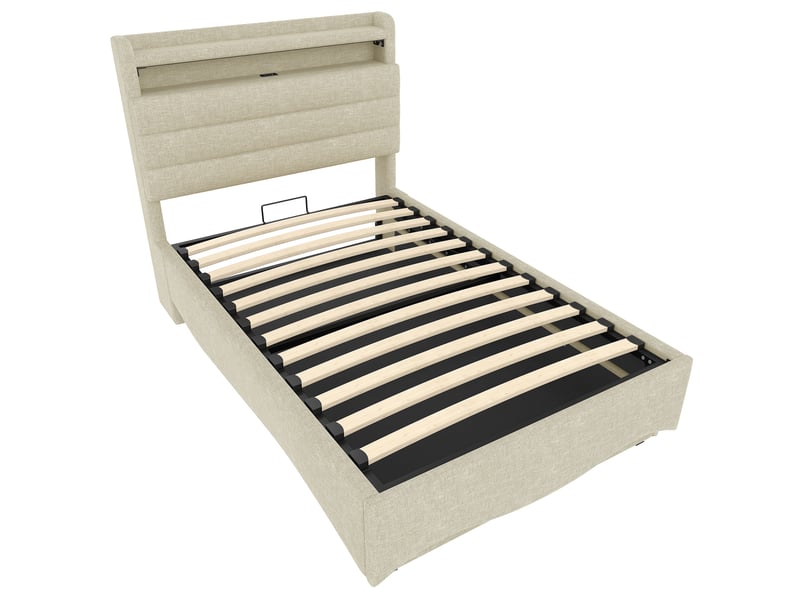  Lit rembourré beige 90x200 cm led usb rangement hydraulique lin  - Conforama E