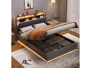 Lit coffre rembourré 140 x 200 cm, éclairage led, prise électrique , cadre de lit en velours, métal et bois, gris foncé