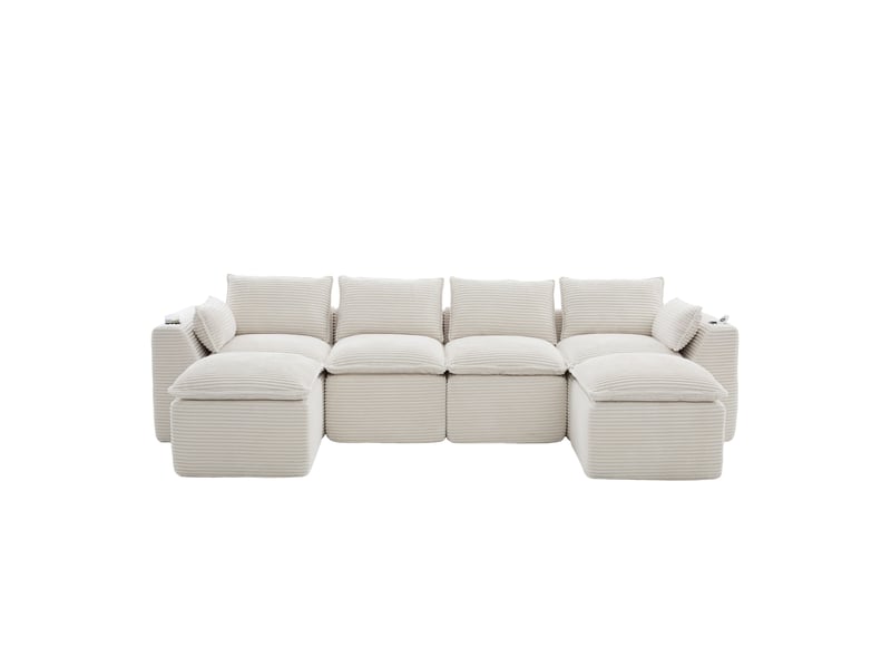  Canapé modulable 4 places en velours côtelé beige avec 2 poufs  - Conforama A