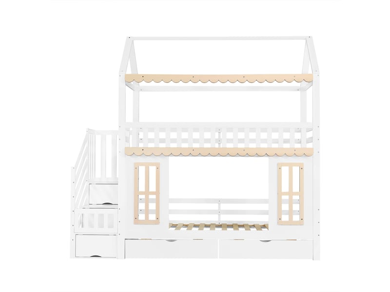 Lit superposé, lit enfant, forme maison, armoire latérale avec échelle, 2 tiroirs, fenêtres et finitions décoratives en bois, pin et mdf, blanc et naturel, 90 x 200 cm - Conforama D