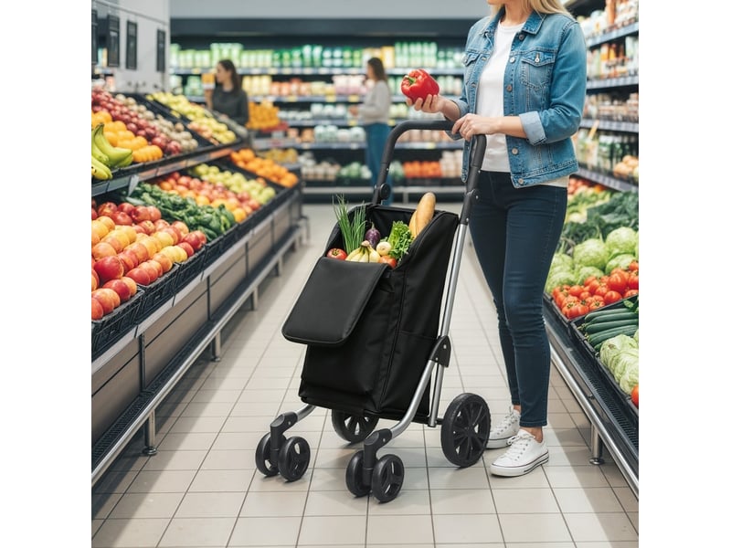  Chariot de courses pliable 58 x 44 x 100 cm – noir – sac 46 l isotherme, 6 roues et cadre aluminium  - Conforama D