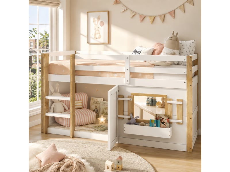  Lit mezzanine enfant 90 x 200 cm avec échelle et garde-corps, espace de jeu sous le couchage, structure en bois, bois, blanc Morn Vibe - Conforama B