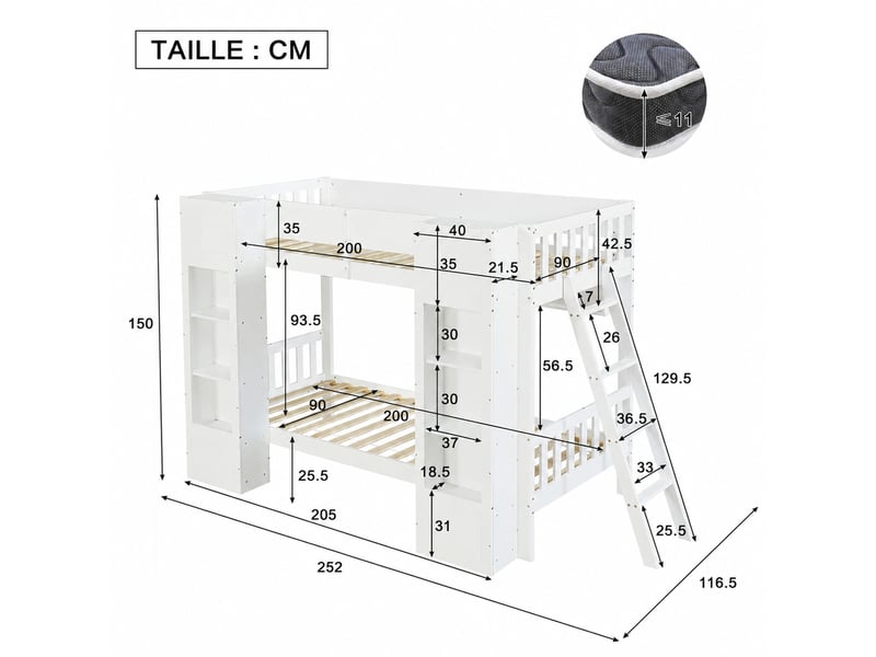  Lit superposé 2 places avec 2 placards frontaux, étagère, échelle réversible et barrière, 200x90 cm, sans matelas  - Conforama D