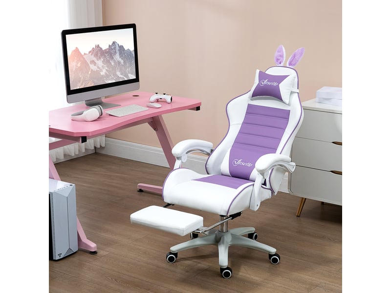  Fauteuil de jeu avec oreilles de lapin, repose-pieds, coussins, inclinable et hauteur réglable, violet  - Conforama D