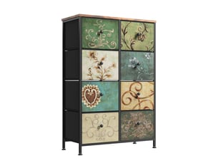 Commode 8 tiroirs, commode de rangement, tissu floral,structure en métal,pour salon, chambre, style bohème,67,5 x 30 x 100 cm