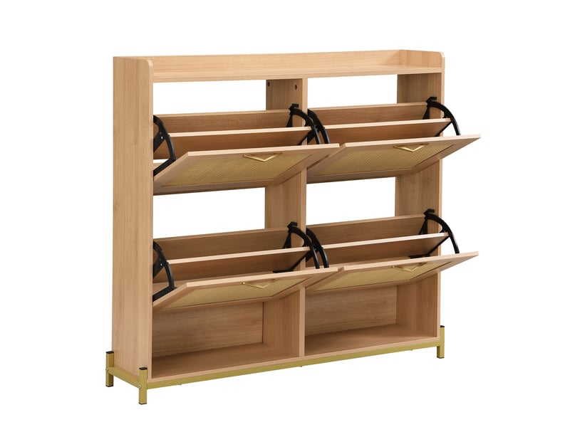  Meuble à chaussures 108,5x24x100 cm, 4 portes effet rotin, cadre métal et plateau supérieur, pour entrée et couloir - chêne clair  - Conforama E