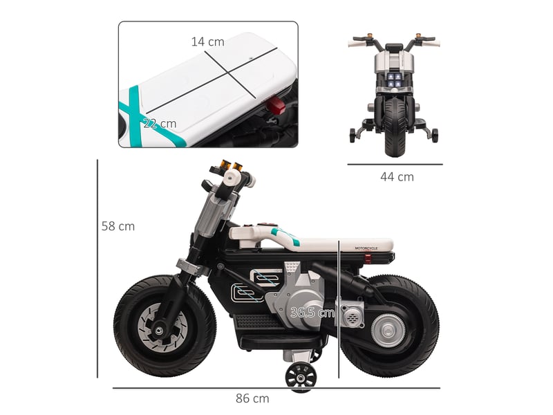  Moto électrique pour enfants de 3 à 5 ans en pp et métal, avec roues, klaxon et musique, 86 x 44 x 58 cm, blanc et noir  - Conforama E