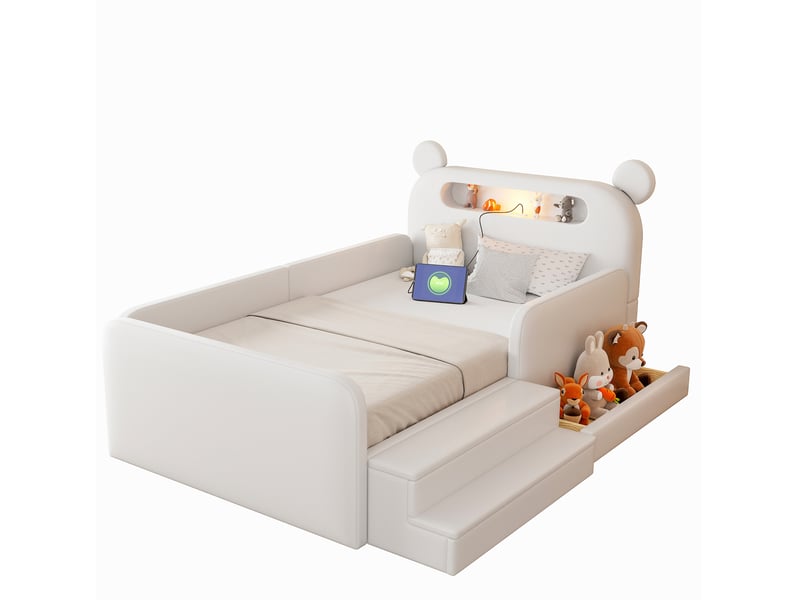 Lit enfant 90 x 200 cm avec tête de lit ours, éclairage de nuit, port usb, rangement intégré et assise à marches blanc - Conforama A