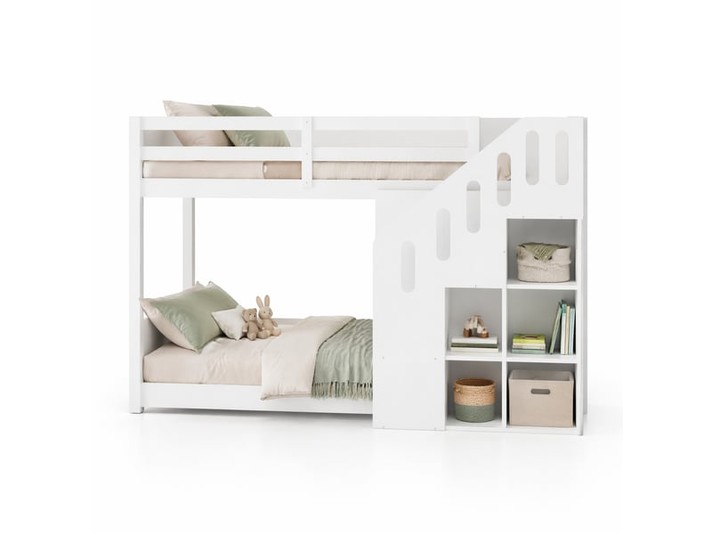  Lit superposé enfant 90x200 cm avec escalier de rangement bois blanc sans matelas  - Conforama A