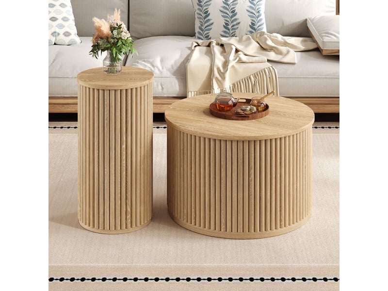 Table basse, ronde lattes bois naturel table basse salon, multifonctionnelle, double - Conforama A