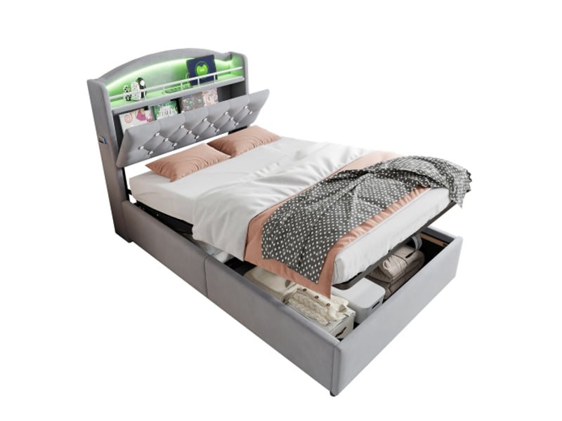  Lit coffre 90x200 cm, lit enfant avec rangement, led et usb, en velours, gris  - Conforama A