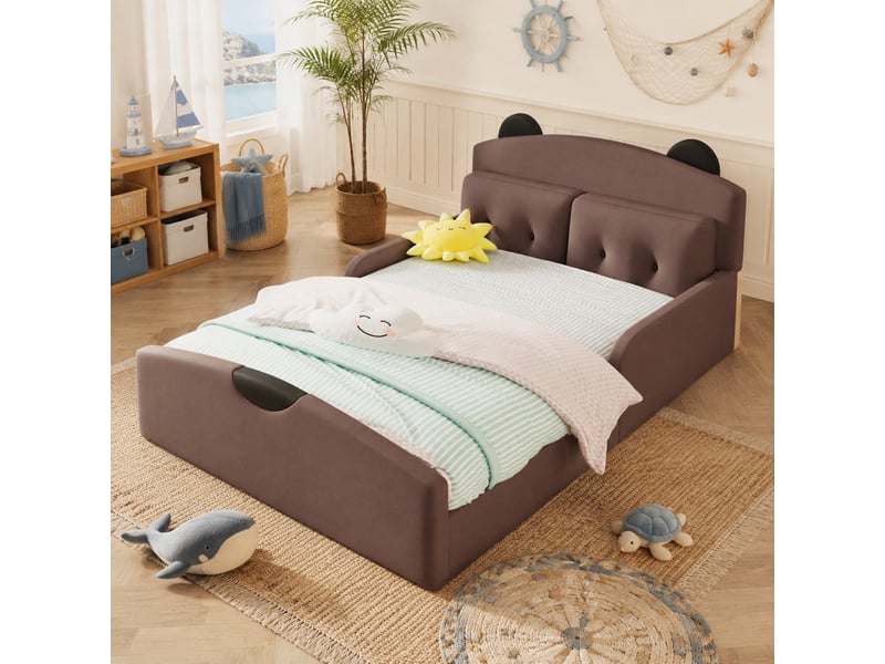 Lit plateforme 140 x 200 cm, tête de lit ours rembourrée, lin, 2 coussins  - Conforama B