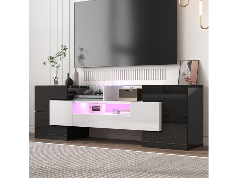  Meuble tv 145 cm, éclairage led multicolore, 6 portes 2 tiroirs, finition laquée en panneau de particules blanc et noir  - Conforama B