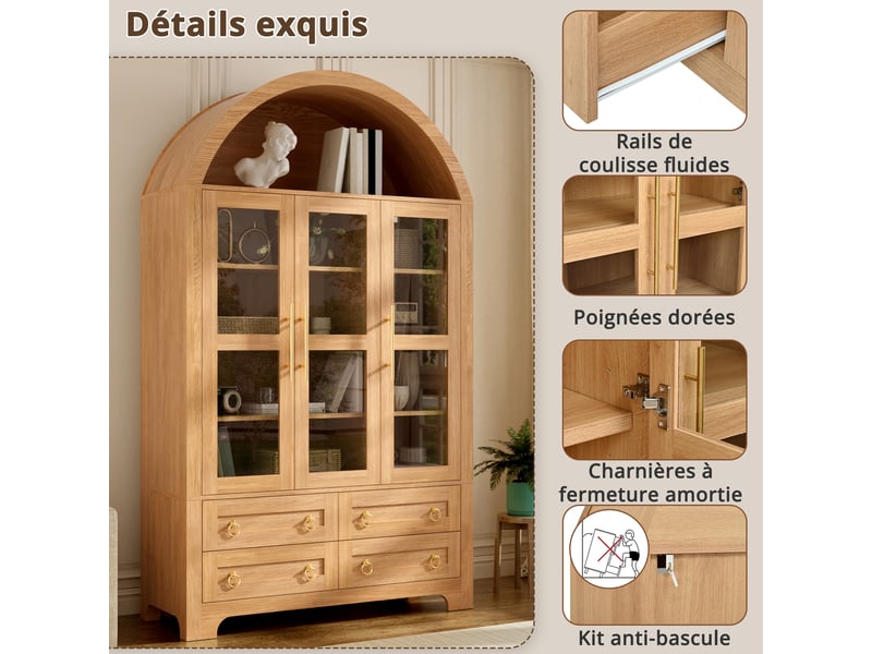  Vaisselier buffet avec portes en verre 4 tiroirs 110x40x185 cm naturel  - Conforama D