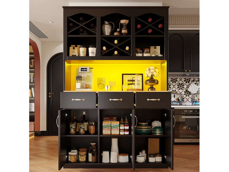 Buffet de cuisine haut 120x40x180 cm – noir – 3 portes, 3 tiroirs et éclairage led multicolore piloté par application - Conforama B