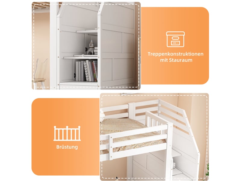  Lit mezzanine 90x200 cm avec garde-corps, escalier de rangement, bois, blanc sans matelas  - Conforama B