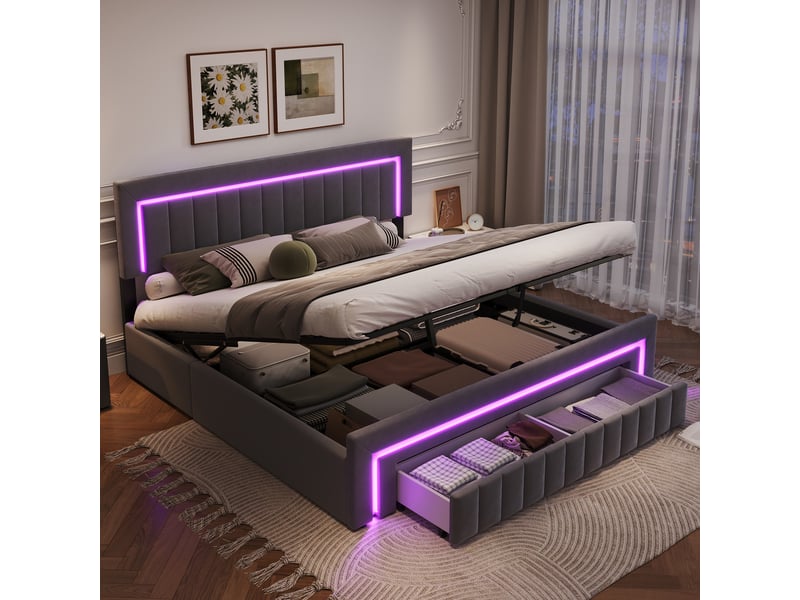  Lit double 180x200 cm avec tiroirs, led et tête de lit rembourrée gris foncé homvra  - Conforama E