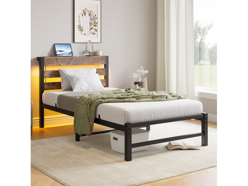  Lit simple métallique 90 x 200 cm, éclairage led et station de charge usb, décor en bois, noir et marron, sans matelas  - Conforama B