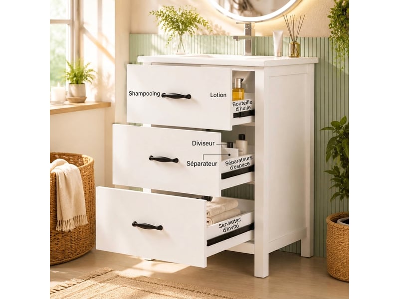 Meuble salle de bain sur pied 61 cm meuble vasque blanc 3 tiroirs - Conforama B