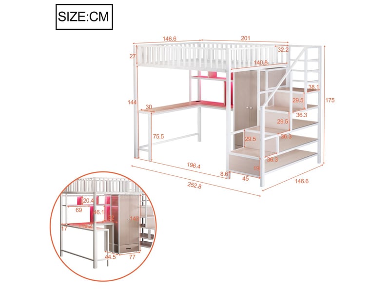  Lit mezzanine avec bureau 140x200cm métal blanc avec armoire - lit mezzanine - escalier de rangement, éclairage led, prises usb  - Conforama C