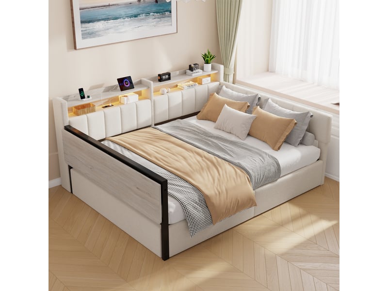  Canapé-lit coffre 140 x 200 cm - avec bande lumineuse led - avec table pliante - tables de chevet interchangeables - port usb - tissu velours - blanc (matelas non inclus)  - Conforama B