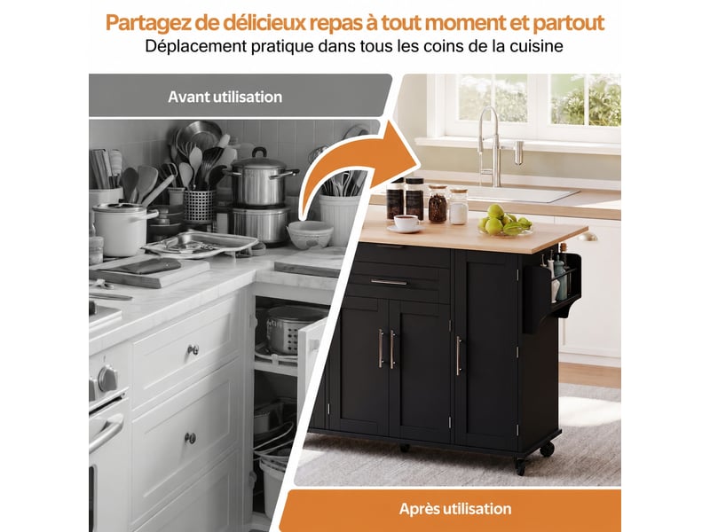Îlot de cuisine avec espace bar, prises électriques, rangements, 120 x 60 x 91 cm, noir et blanc - Conforama C