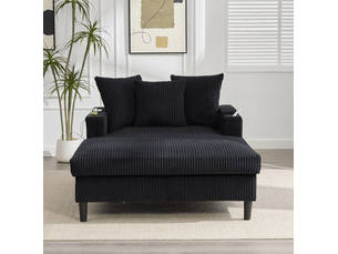 Chaiselongue 129x170x70 cm noire en corduroy, 1 place, rangements, led, port usb et porte gobelets