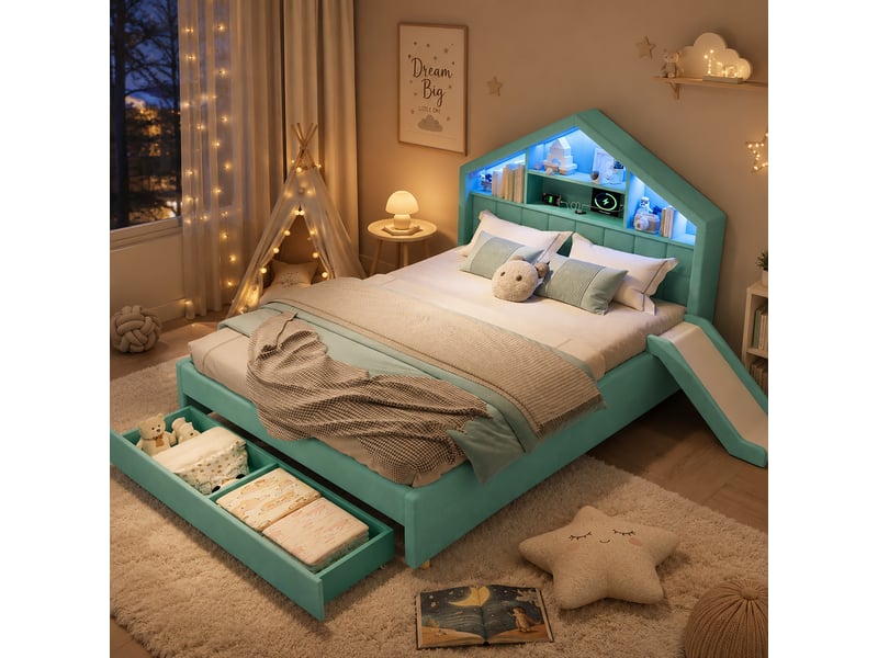  Lit cabane enfant rembourré 140x200 cm, toboggan réversible, grand tiroir, tête de lit avec étagères, led, port de charge, velours bleu-vert Radiant Stride - Conforama D